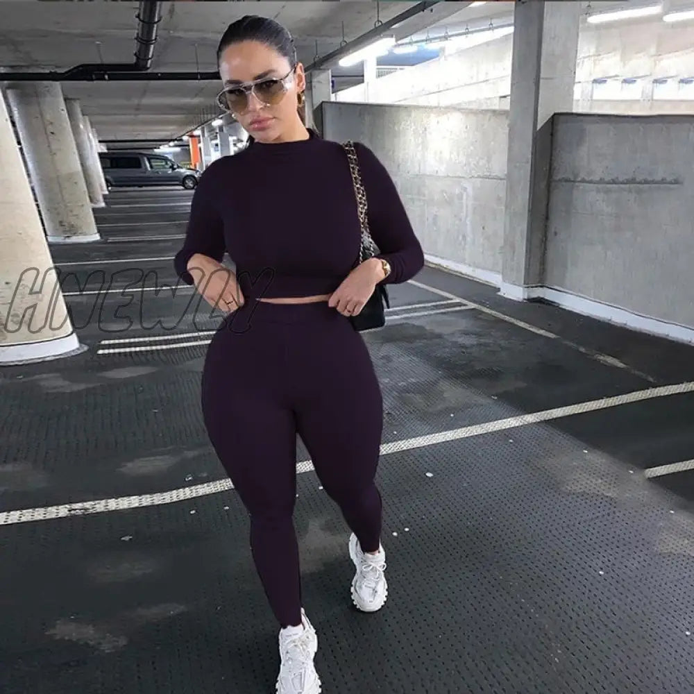 Hnewly Two Piece Sets Women Solid Autumn Tracksuits High Waist Stretchy Sportswear Hot Crop Tops