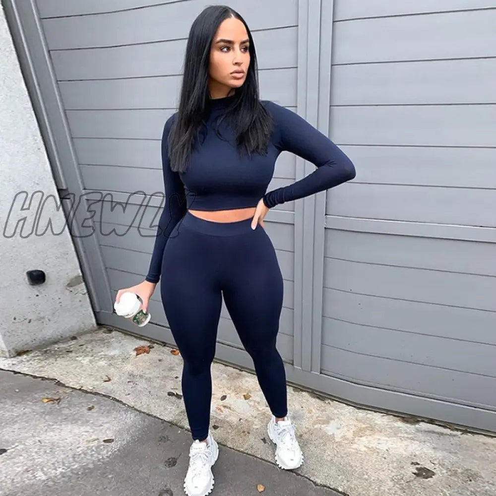 Hnewly Two Piece Sets Women Solid Autumn Tracksuits High Waist Stretchy Sportswear Hot Crop Tops