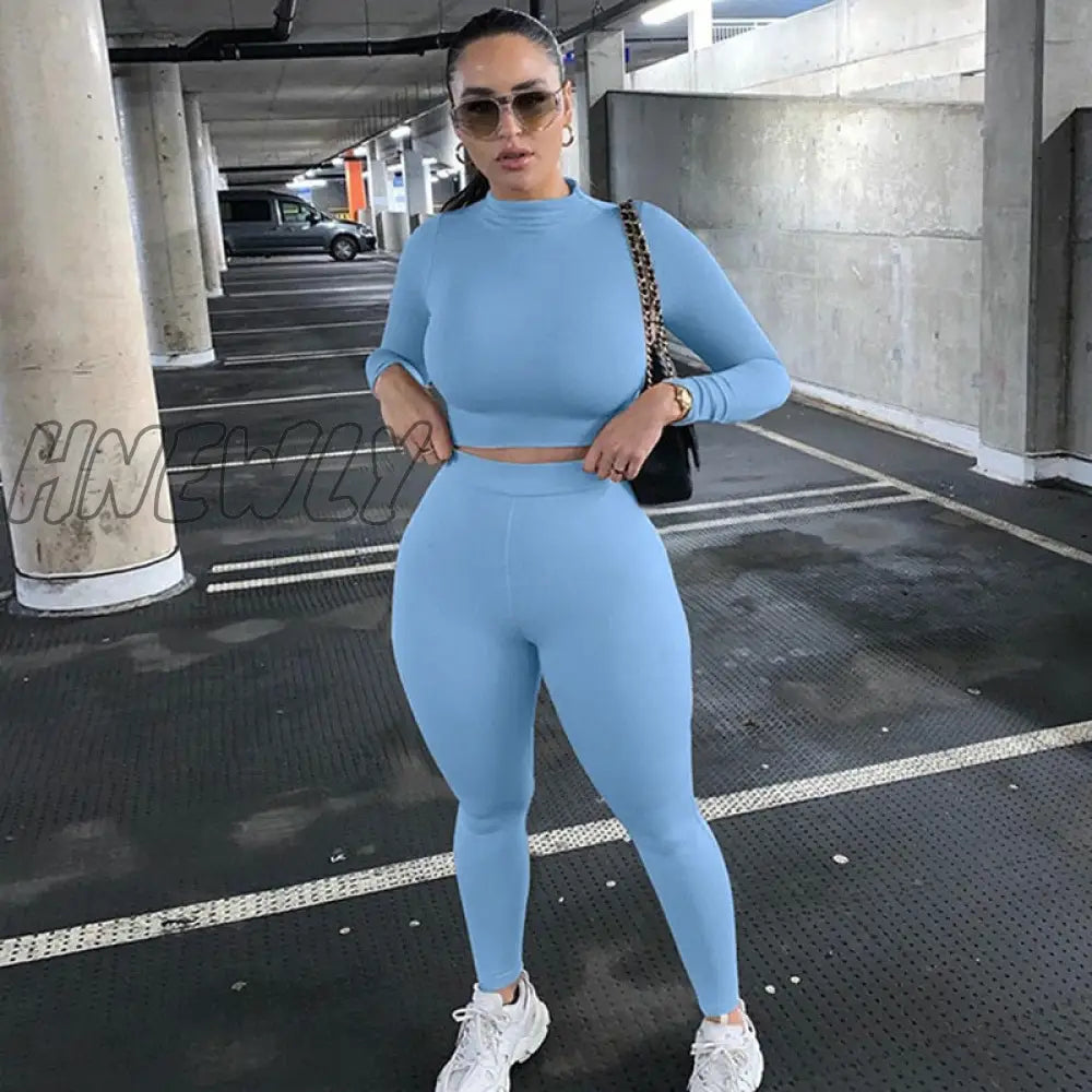 Hnewly Two Piece Sets Women Solid Autumn Tracksuits High Waist Stretchy Sportswear Hot Crop Tops