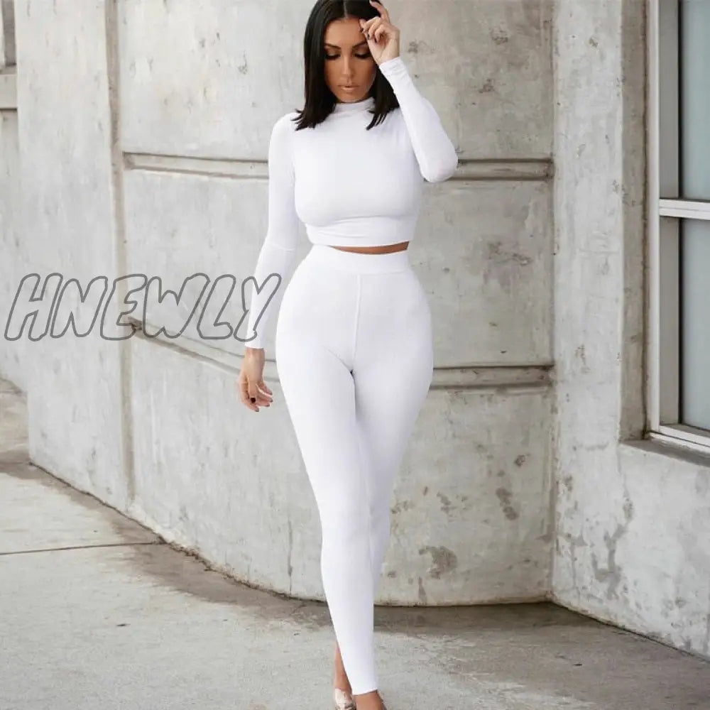 Hnewly Two Piece Sets Women Solid Autumn Tracksuits High Waist Stretchy Sportswear Hot Crop Tops