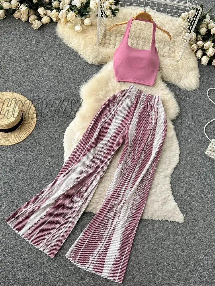 Hnewly Two Piece Sets Womens Outifits Summer Halter High Waist Wide Leg 2 Outfits Retro Clothes For