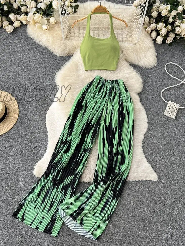 Hnewly Two Piece Sets Womens Outifits Summer Halter High Waist Wide Leg 2 Outfits Retro Clothes For