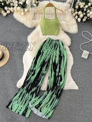 Hnewly Two Piece Sets Womens Outifits Summer Halter High Waist Wide Leg 2 Outfits Retro Clothes For