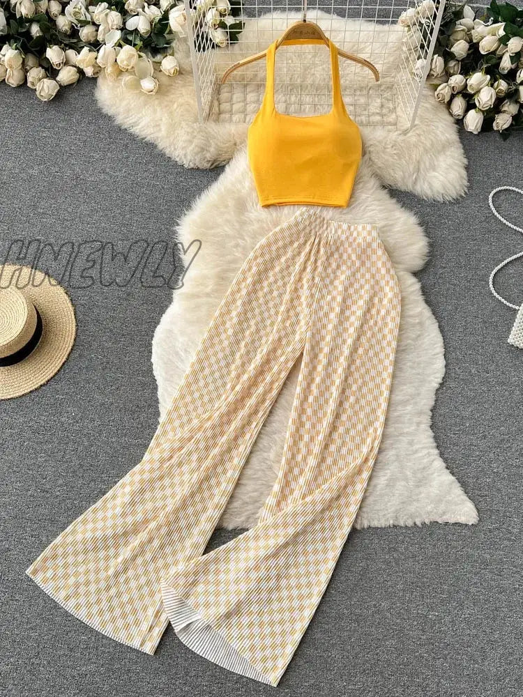Hnewly Two Piece Sets Womens Outifits Summer Halter High Waist Wide Leg 2 Outfits Retro Clothes For