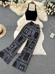 Hnewly Two Piece Sets Womens Outifits Summer Halter High Waist Wide Leg 2 Outfits Retro Clothes For