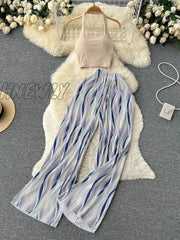 Hnewly Two Piece Sets Womens Outifits Summer Halter High Waist Wide Leg 2 Outfits Retro Clothes For