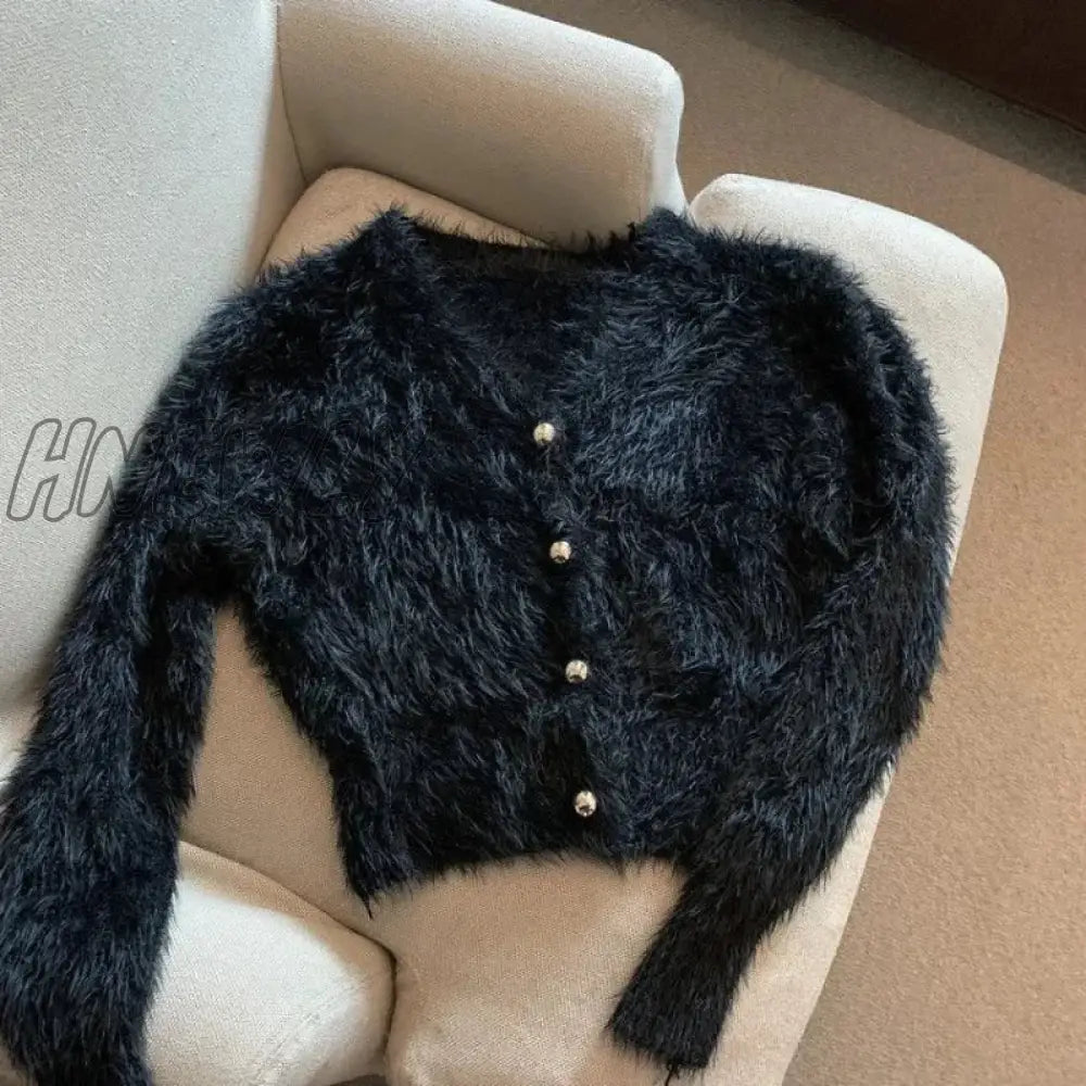 Hnewly V Neck Cropped White Mohair Knitted Cardigan Retro Casual Lazy Oversized Sueters Sweaters