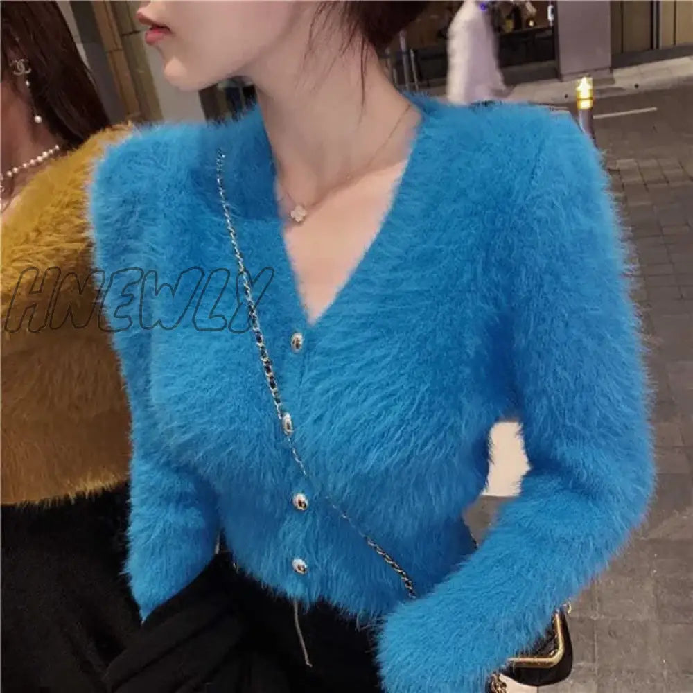 Hnewly V Neck Cropped White Mohair Knitted Cardigan Retro Casual Lazy Oversized Sueters Sweaters