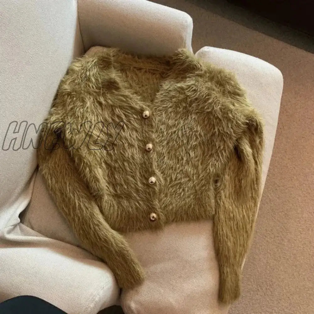 Hnewly V Neck Cropped White Mohair Knitted Cardigan Retro Casual Lazy Oversized Sueters Sweaters