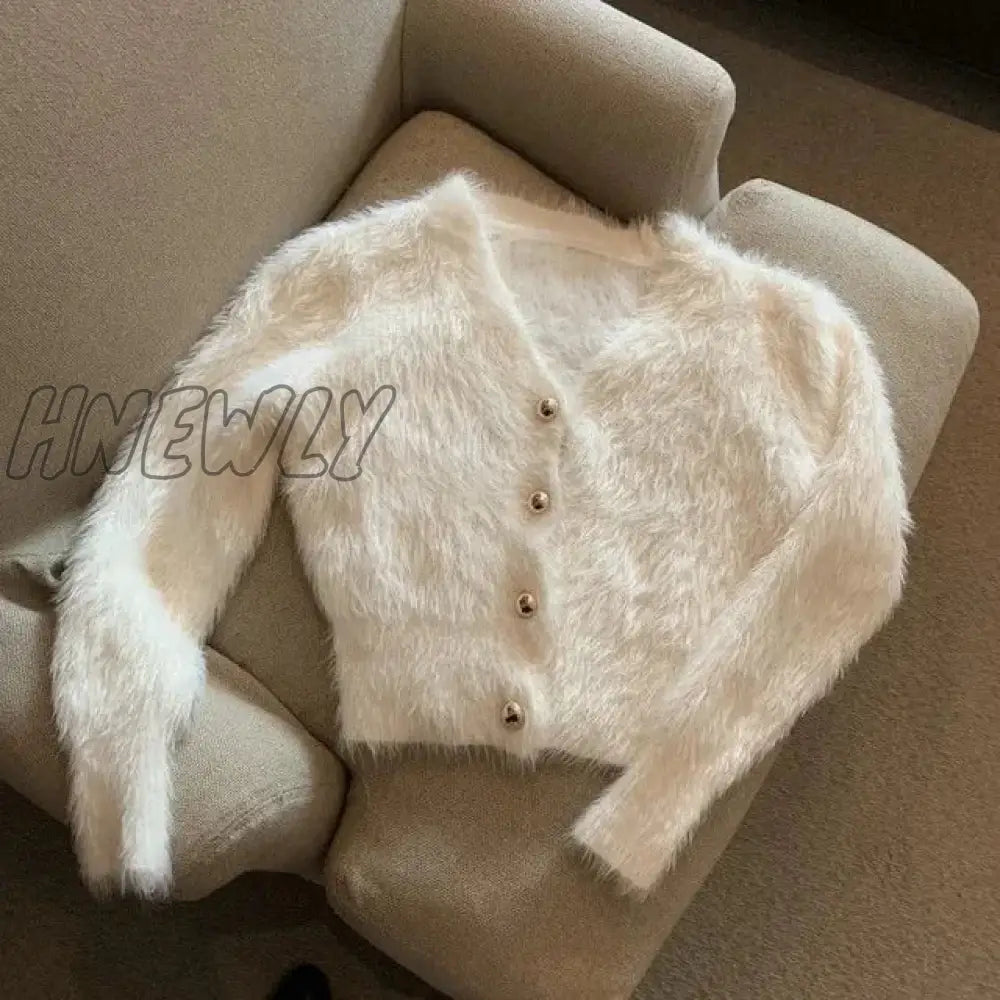 Hnewly V Neck Cropped White Mohair Knitted Cardigan Retro Casual Lazy Oversized Sueters Sweaters