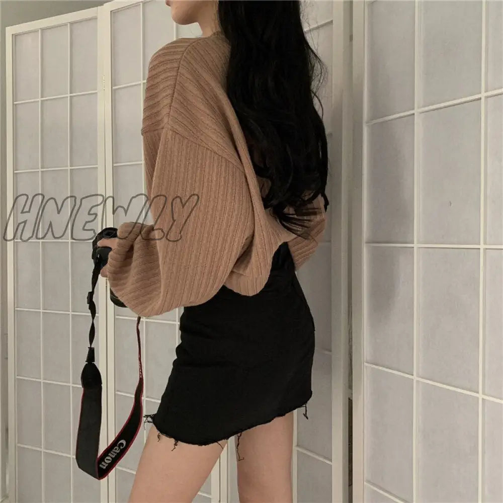 Hnewly V Neck Lantern Long Sleeve Knit Pullover Sweater Women Retro Loose Crazy Style Short