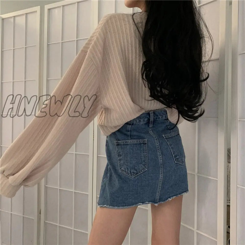 Hnewly V Neck Lantern Long Sleeve Knit Pullover Sweater Women Retro Loose Crazy Style Short