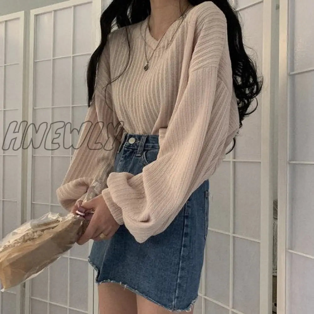 Hnewly V Neck Lantern Long Sleeve Knit Pullover Sweater Women Retro Loose Crazy Style Short