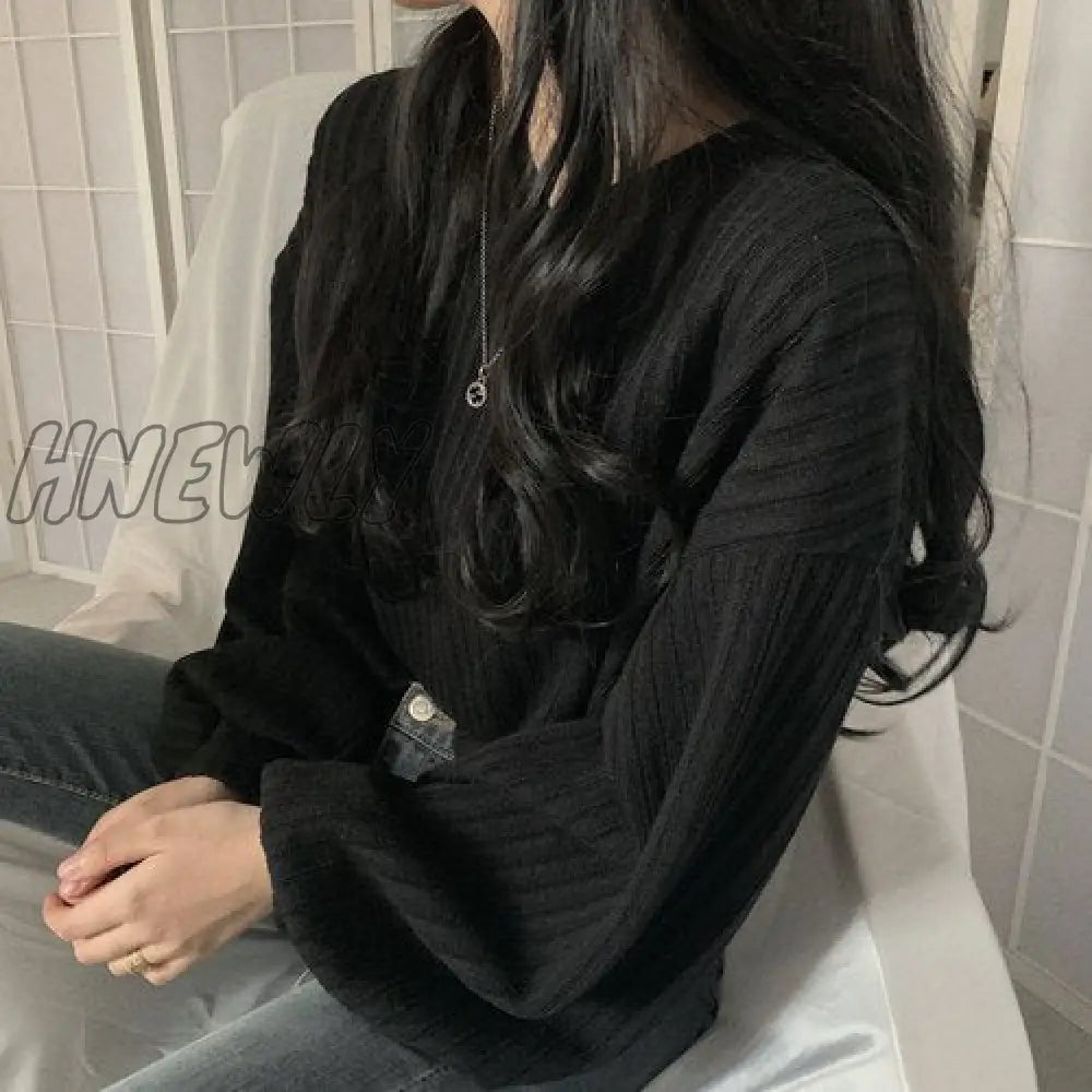 Hnewly V Neck Lantern Long Sleeve Knit Pullover Sweater Women Retro Loose Crazy Style Short