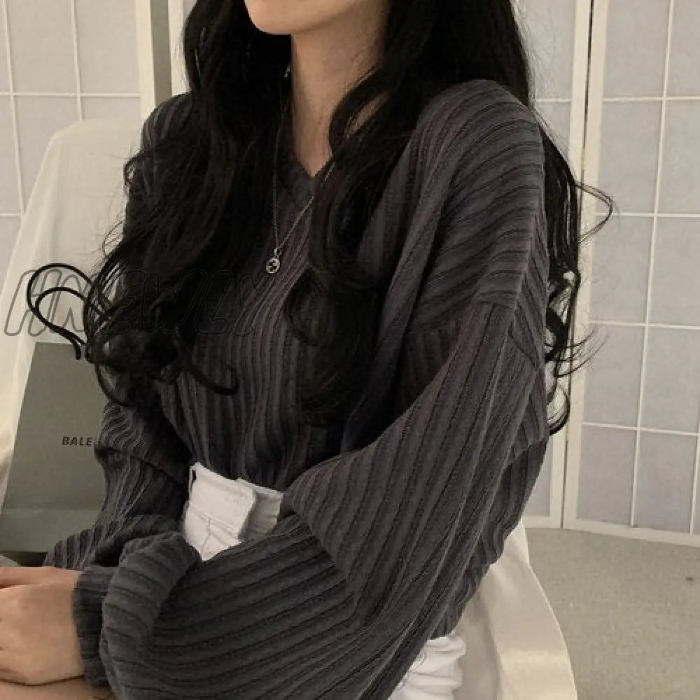 Hnewly V Neck Lantern Long Sleeve Knit Pullover Sweater Women Retro Loose Crazy Style Short