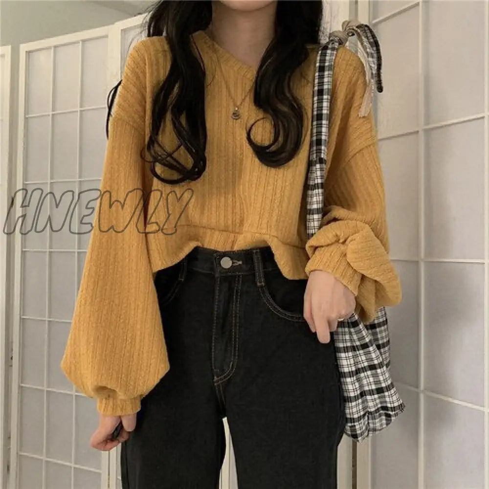 Hnewly V Neck Lantern Long Sleeve Knit Pullover Sweater Women Retro Loose Crazy Style Short