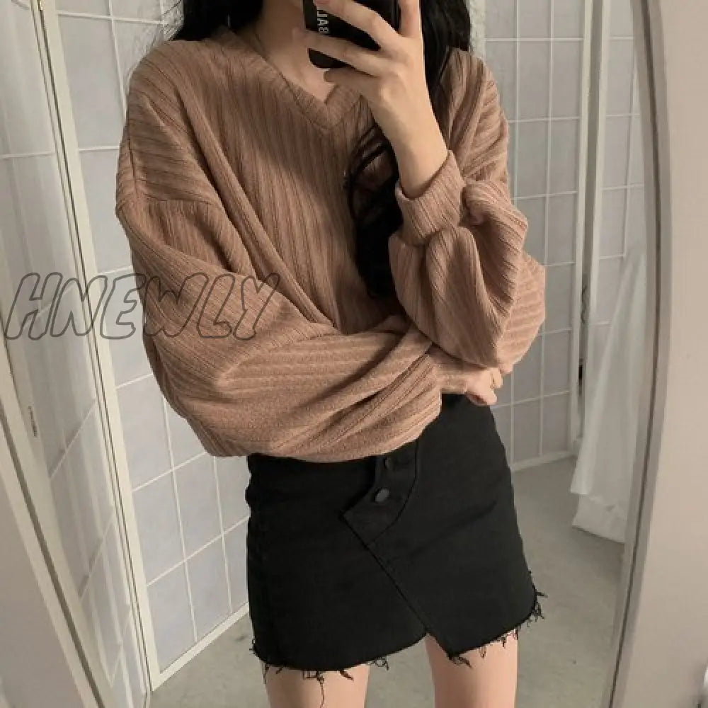 Hnewly V Neck Lantern Long Sleeve Knit Pullover Sweater Women Retro Loose Crazy Style Short