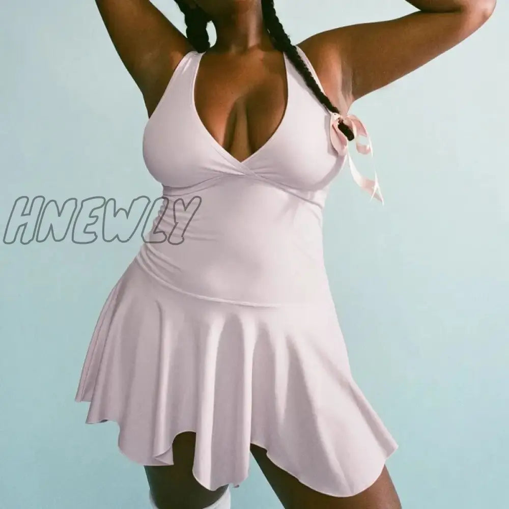Hnewly V Neck Pleated Dress Korean Fashion Chic Women Vintage Y2K Fairycore Sweet Pink A-Line