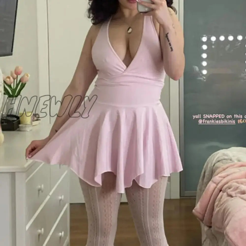 Hnewly V Neck Pleated Dress Korean Fashion Chic Women Vintage Y2K Fairycore Sweet Pink A-Line
