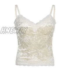 Hnewly V Neck Strap Chic Lace Patchwork Velour Summer Top Camisole Vintage Clothes Y2K Party
