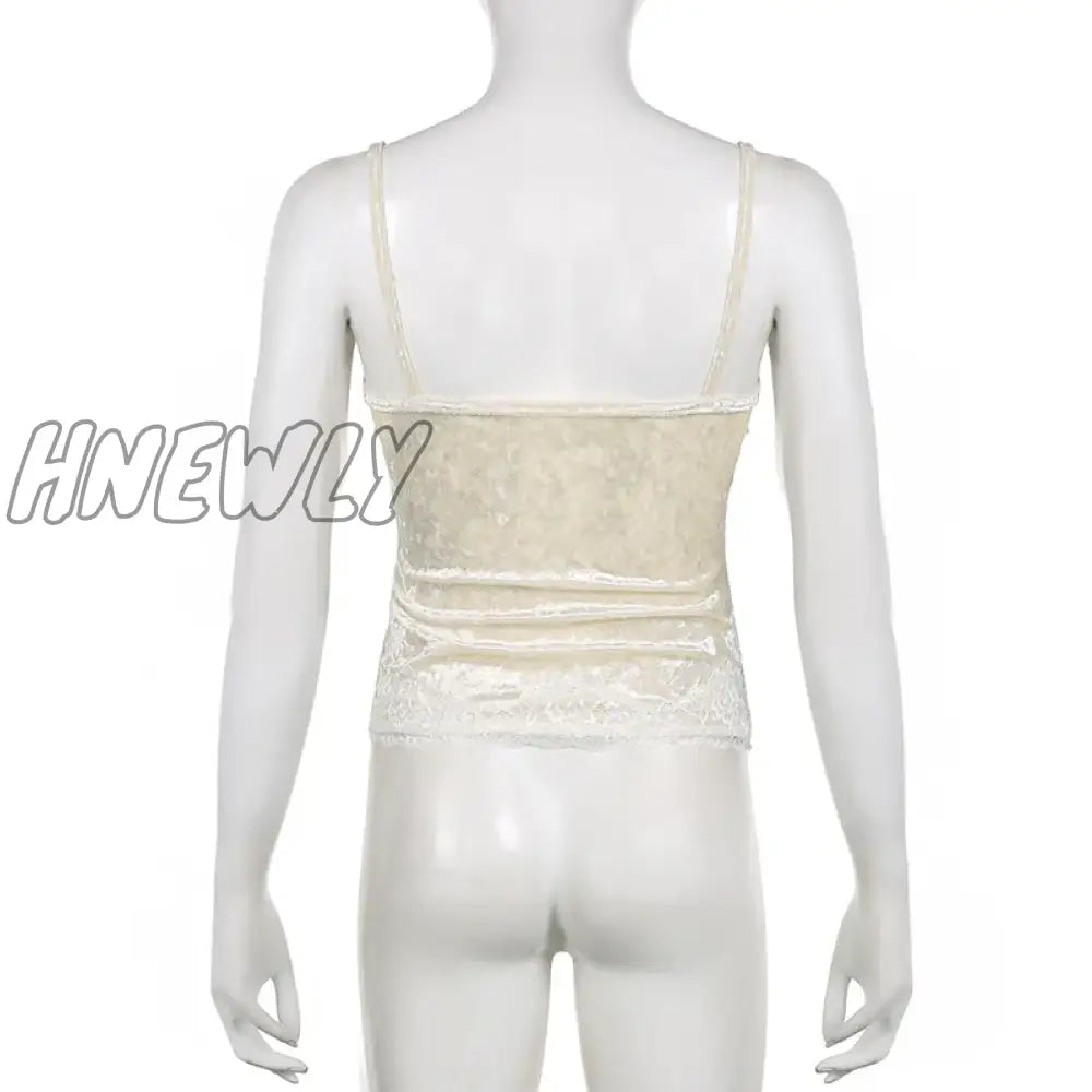 Hnewly V Neck Strap Chic Lace Patchwork Velour Summer Top Camisole Vintage Clothes Y2K Party