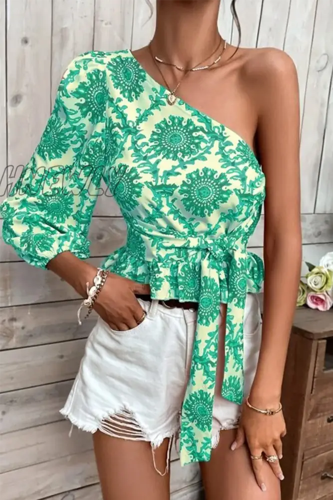 Hnewly - Vacation Print Flounce Tops Green / S Tops/Blouses & Shirts