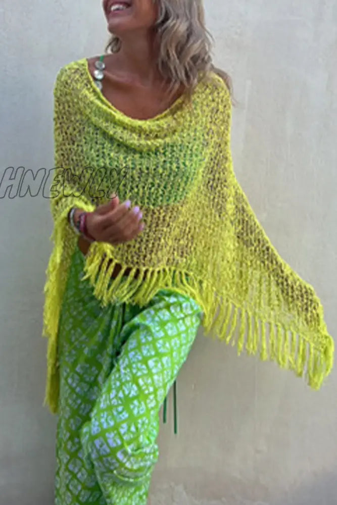 Hnewly - Vacation Solid Tassel Hollowed Out O Neck Outerwear(5 Colors) Green Yellow / S/M