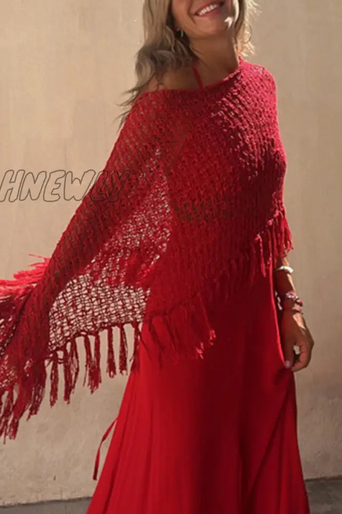 Hnewly - Vacation Solid Tassel Hollowed Out O Neck Outerwear(5 Colors) Red / S/M Outerwear/Cloak
