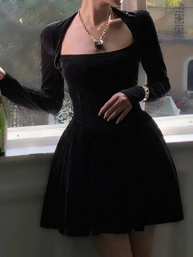 Hnewly Velvet Square Corset A Line Women Formal Dress Bodycon Long Sleeve New Year Elegant Autumn