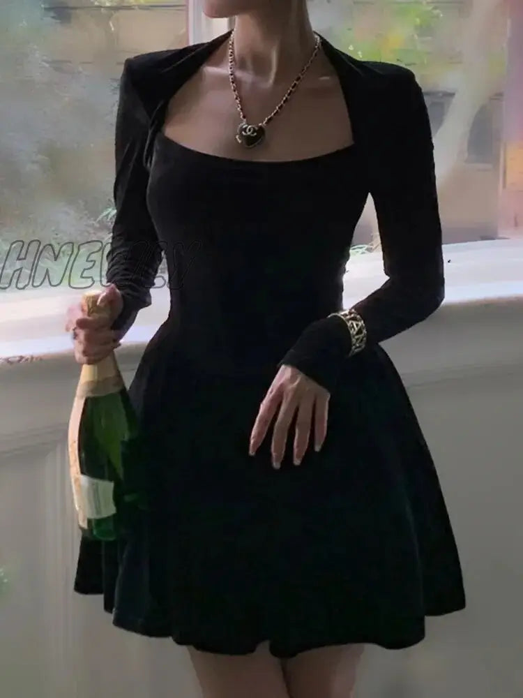 Hnewly Velvet Square Corset A Line Women Formal Dress Bodycon Long Sleeve New Year Elegant Autumn