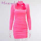 Hnewly Velvet Women High Neck Long Sleeve Mini Dress Ruched Hollow Out Shoulder Pad Bodycon Sexy