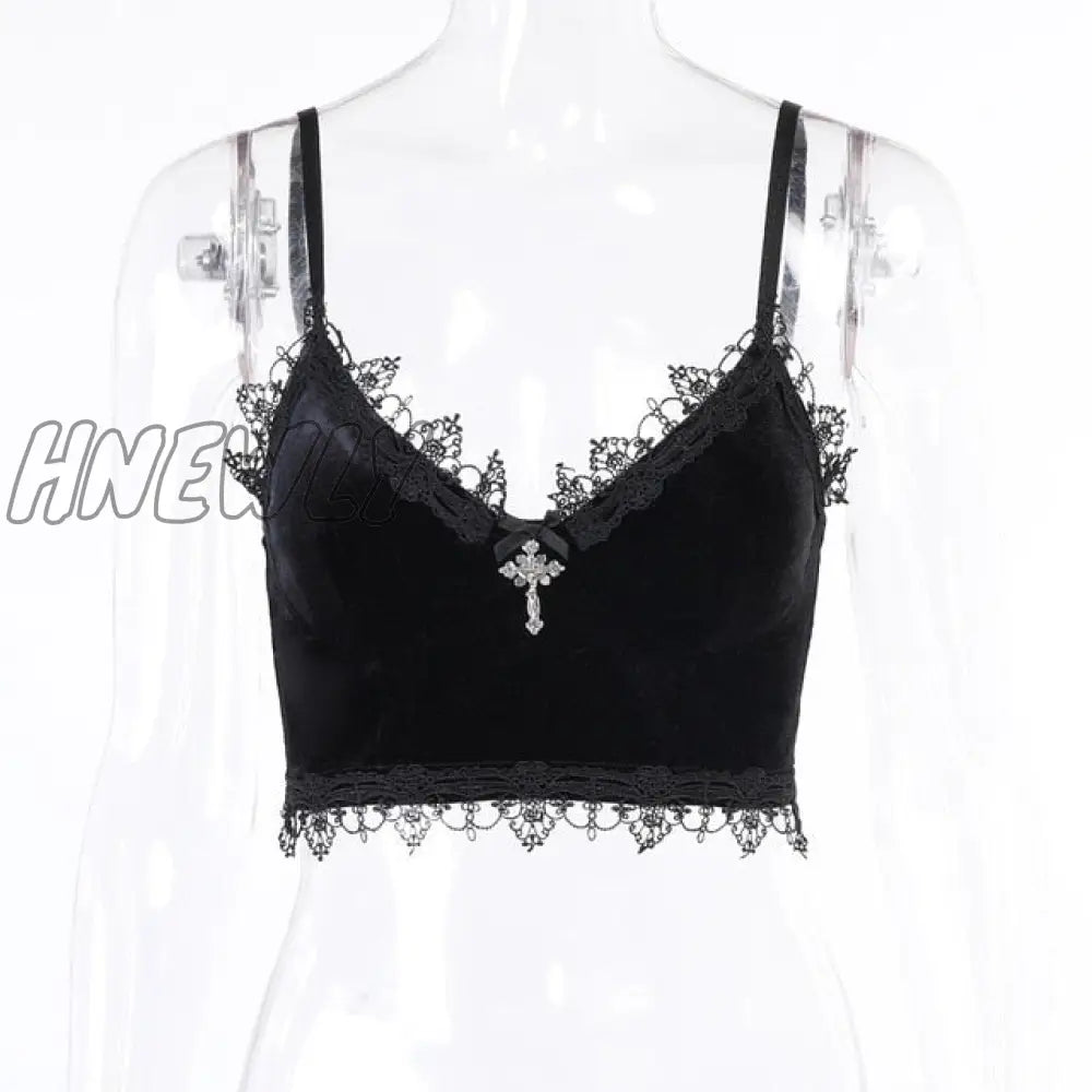 Hnewly Velvet Y2K Mall Goth Crop Tops Black Lace Trim Emo Alternative Aesthetic Women Backless Sexy