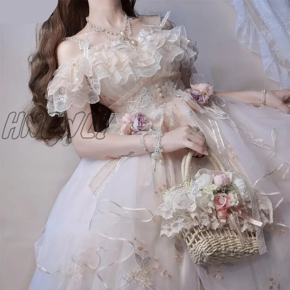 Hnewly Victorian Retro Lolita Jsk Dress Japanese Women Sweet Lace Floral Embroidery Princess