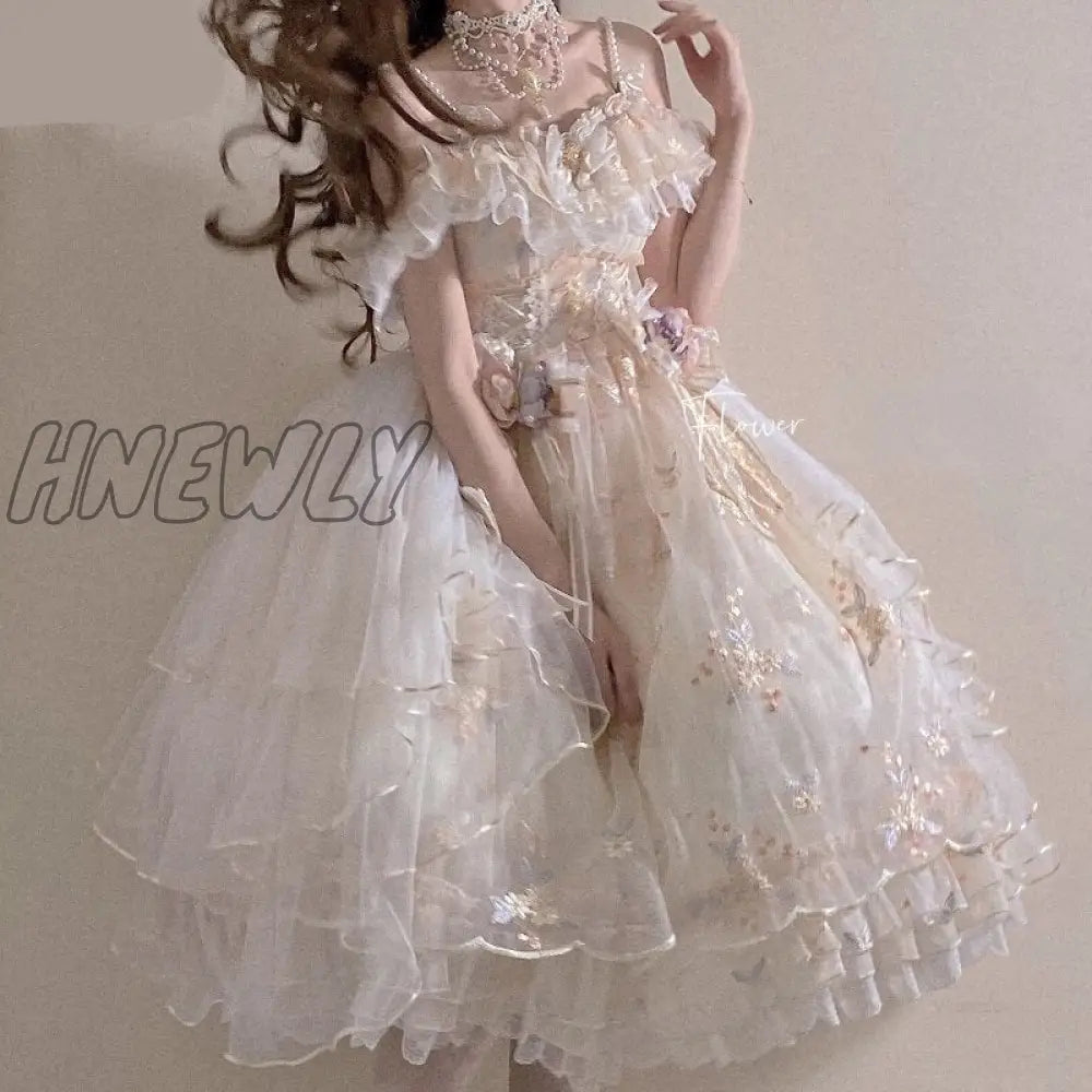 Hnewly Victorian Retro Lolita Jsk Dress Japanese Women Sweet Lace Floral Embroidery Princess