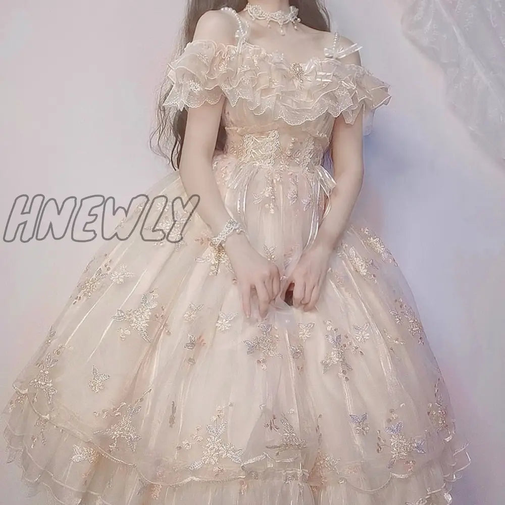 Hnewly Victorian Retro Lolita Jsk Dress Japanese Women Sweet Lace Floral Embroidery Princess