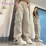 Hnewly Vintage 90S Women's Cargo Pants Solid Color Streetwear Low Waist Trousers Female Autumn Overalls Baggy Straight Pants