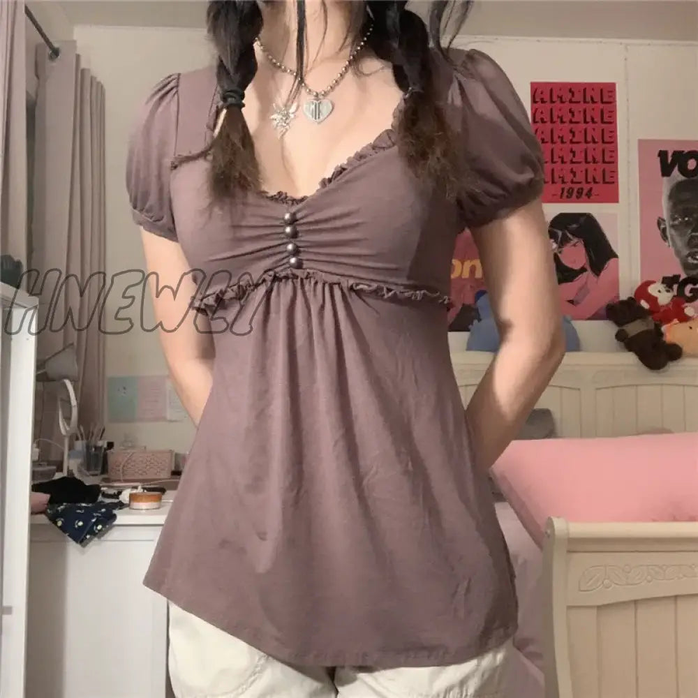 Hnewly Vintage Aesthetic Women T Shirt Elegant Ladies Short Sleeve V Neck Ruffled Tops Summer