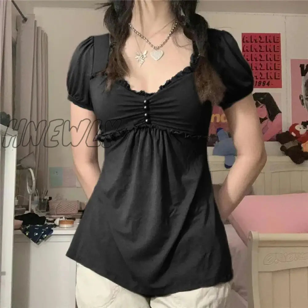Hnewly Vintage Aesthetic Women T Shirt Elegant Ladies Short Sleeve V Neck Ruffled Tops Summer