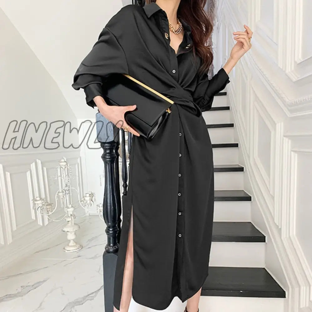 Hnewly Vintage Black Shirts Dress Woman Single-Breasted Elegant Vestidos Spring High Waist Business