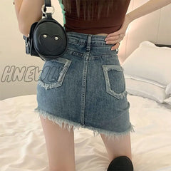 Hnewly Vintage Blue Bodycon Mini Skirt Women Korean Fashion Irregular Tassels Denim Skirts Ladies