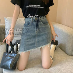 Hnewly Vintage Blue Bodycon Mini Skirt Women Korean Fashion Irregular Tassels Denim Skirts Ladies
