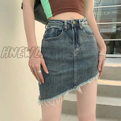 Hnewly Vintage Blue Bodycon Mini Skirt Women Korean Fashion Irregular Tassels Denim Skirts Ladies