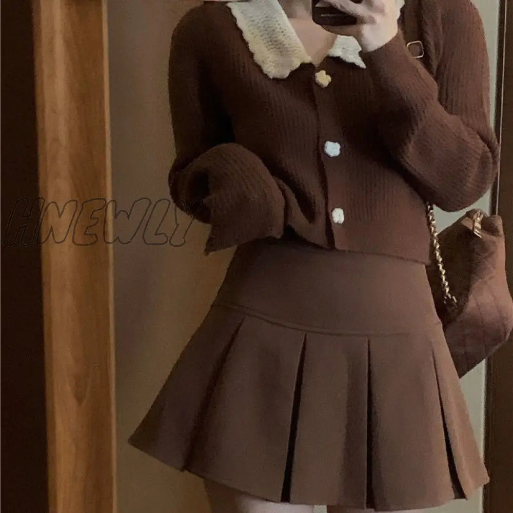 Hnewly Vintage Brown Pleated Skirt Women Autumn Korean Style Y2K High Waisted A - Line Mini Skirts
