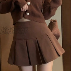 Hnewly Vintage Brown Pleated Skirt Women Autumn Korean Style Y2K High Waisted A - Line Mini Skirts