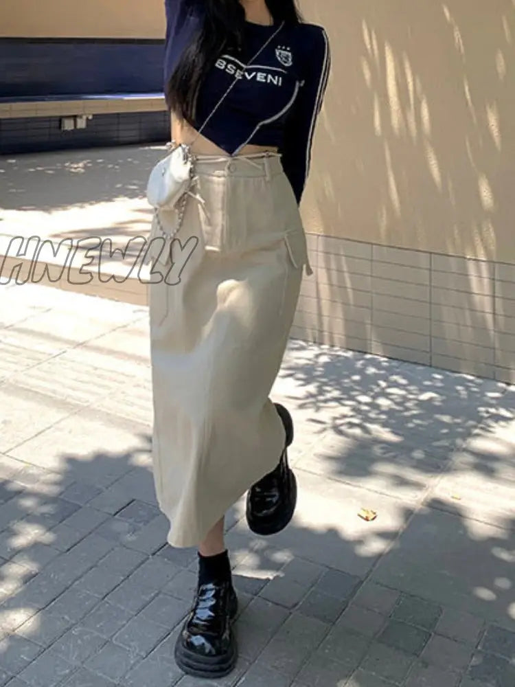 Hnewly Vintage Cargo Skirt Women Lace Up High Waist A-Line Slim Solid Pockets Streetwear Long