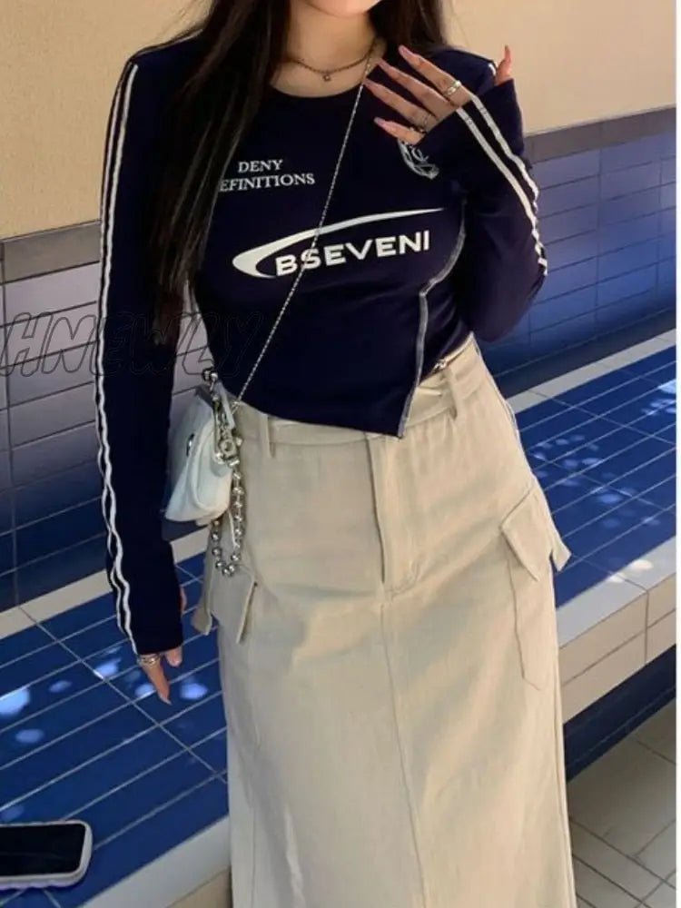 Hnewly Vintage Cargo Skirt Women Lace Up High Waist A-Line Slim Solid Pockets Streetwear Long
