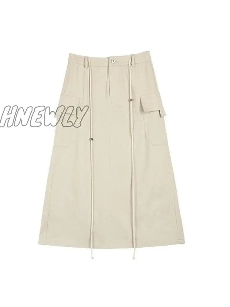 Hnewly Vintage Cargo Skirt Women Lace Up High Waist A-Line Slim Solid Pockets Streetwear Long