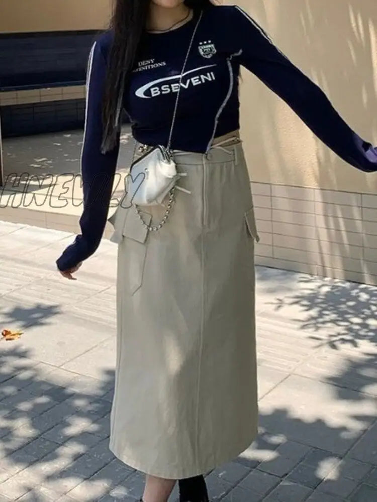 Hnewly Vintage Cargo Skirt Women Lace Up High Waist A-Line Slim Solid Pockets Streetwear Long