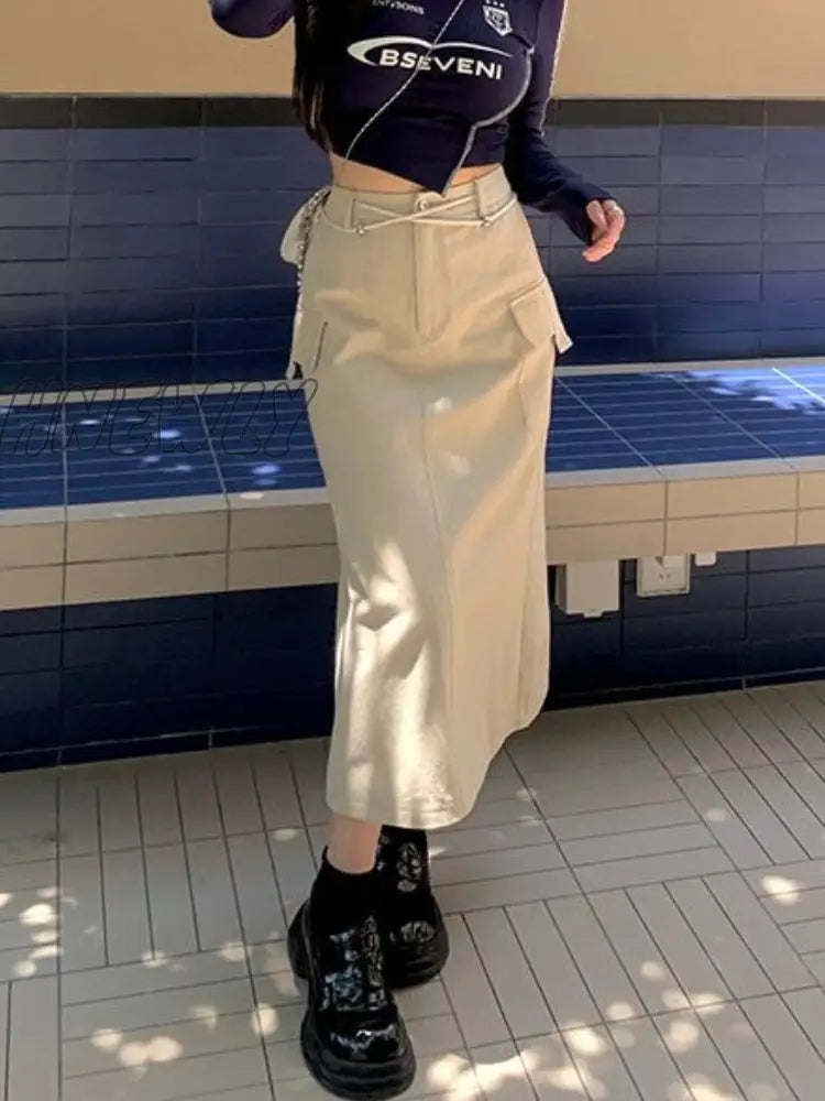 Hnewly Vintage Cargo Skirt Women Lace Up High Waist A-Line Slim Solid Pockets Streetwear Long