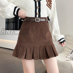 Hnewly Vintage Corduroy Pleated Skirt With Belt Women Autumn Winter Preppy Style High Waist A-Line